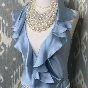 Ralph Lauren Spring ‘12 Collection Powder Blue Ruffle-Trim Silk Charmeuse Blouse